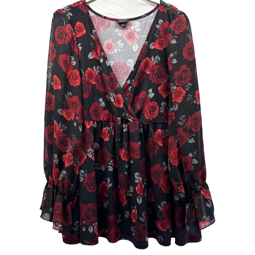 Torrid Women's Top Sz 3X Plus Red Roses Black Sheer V Neck Long Sleeves Pullover